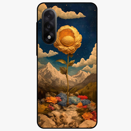 Golden Bloom Night Glass Case for 1+Nord 5 elegant front view featuring glowing golden floral artwork on dark background