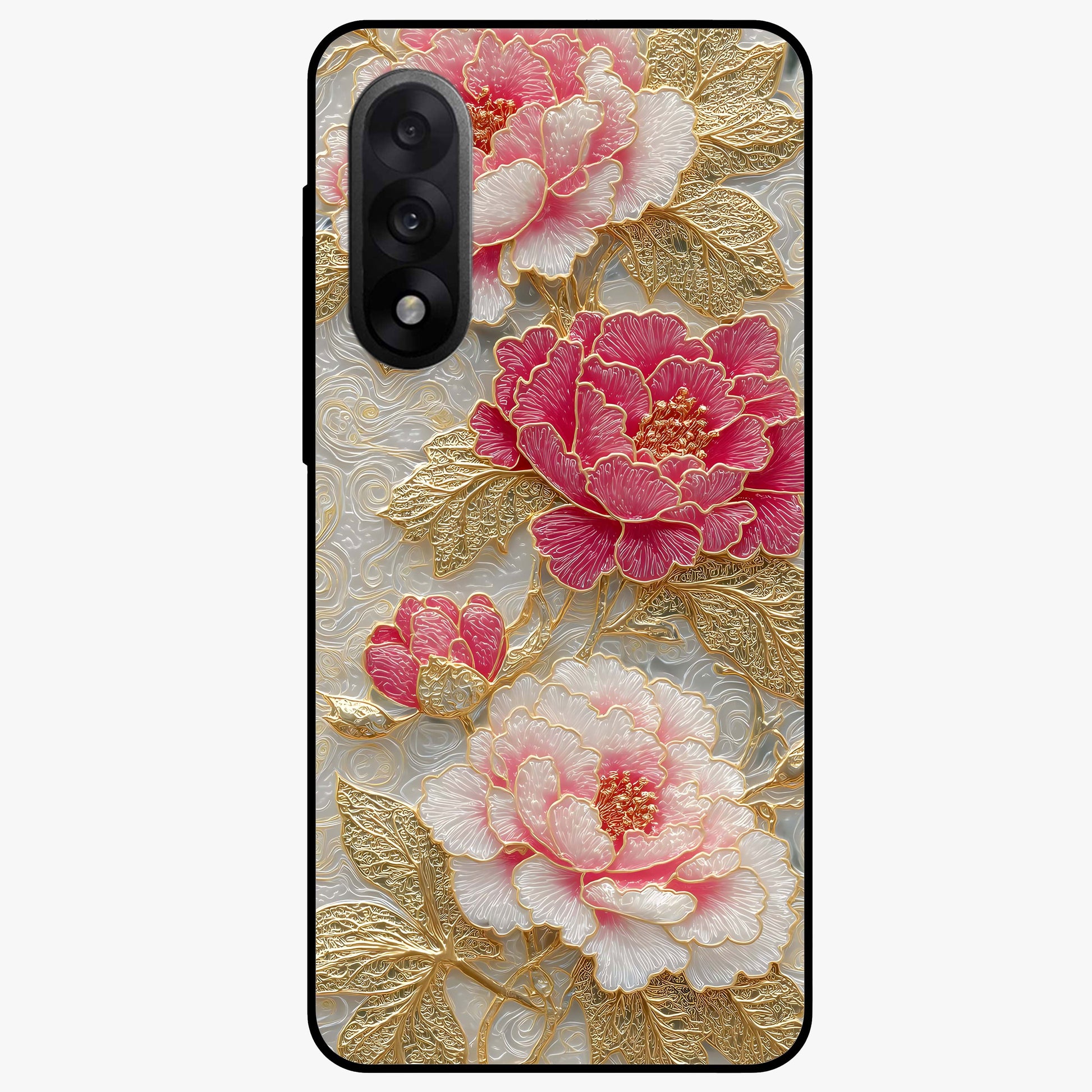Golden Blossom Elegance Glass Case for 1+Nord 5 graceful front view featuring refined golden floral artwork