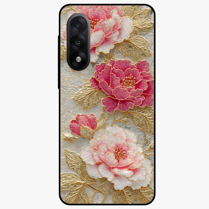 Golden Blossom Elegance Glass Case for 1+Nord 5 graceful front view featuring refined golden floral artwork