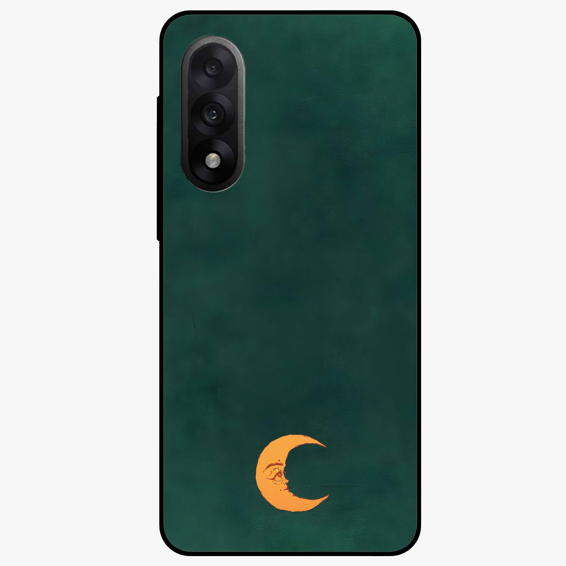 Golden Crescent Mood Glass Case for 1+Nord 5 artistic front view featuring crescent moon artwork in warm golden tones