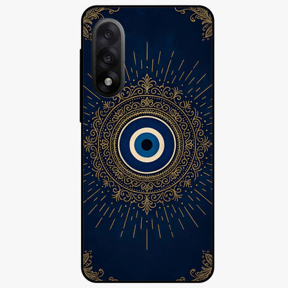 Golden Evil Eye Mandala Glass Case for 1+Nord 5 bold front view featuring intricate mandala artwork with golden evil eye
