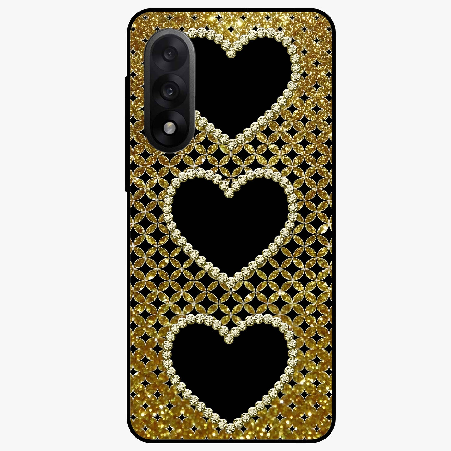 Golden Heart Glow Glass Case for 1+Nord 5 romantic front view featuring glowing golden heart artwork