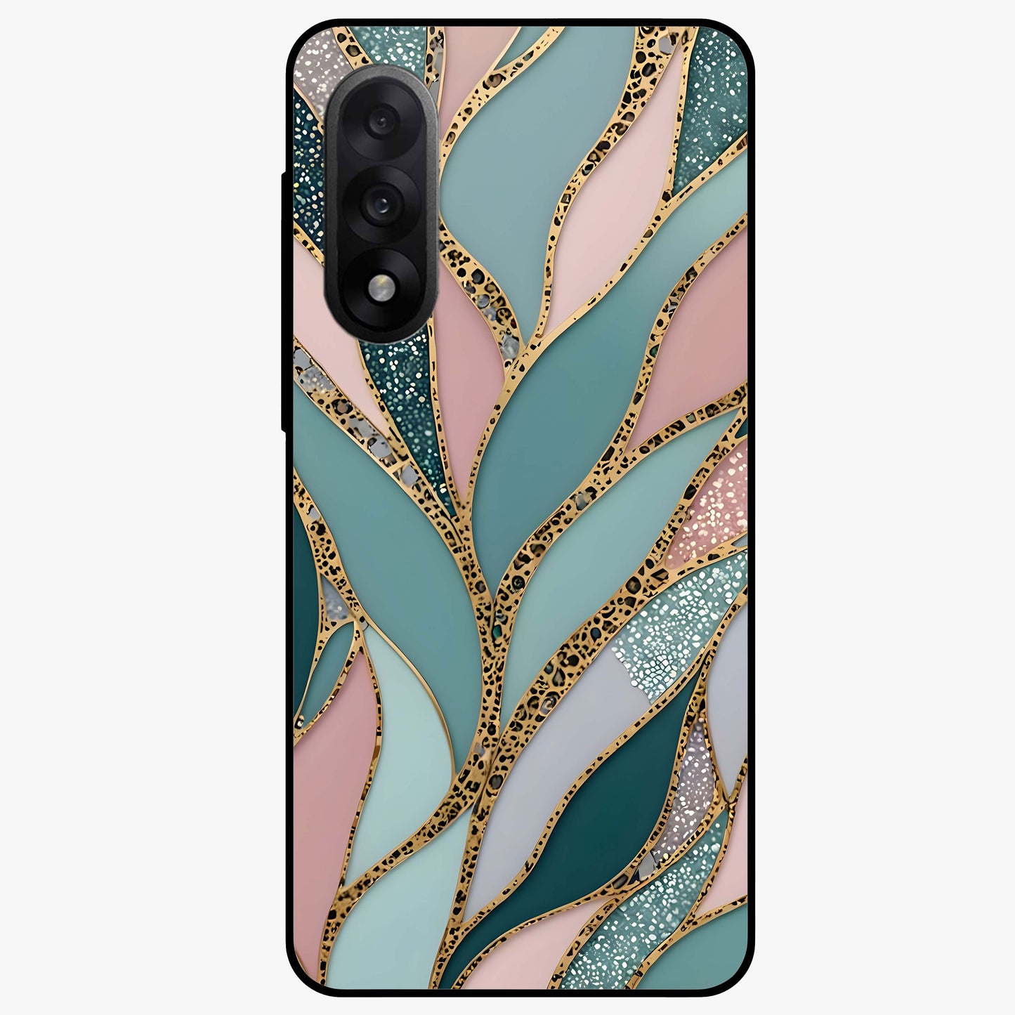 Golden Leaf Dreams Glass Case for 1+Nord 5 elegant front view featuring shimmering golden leaf artwork