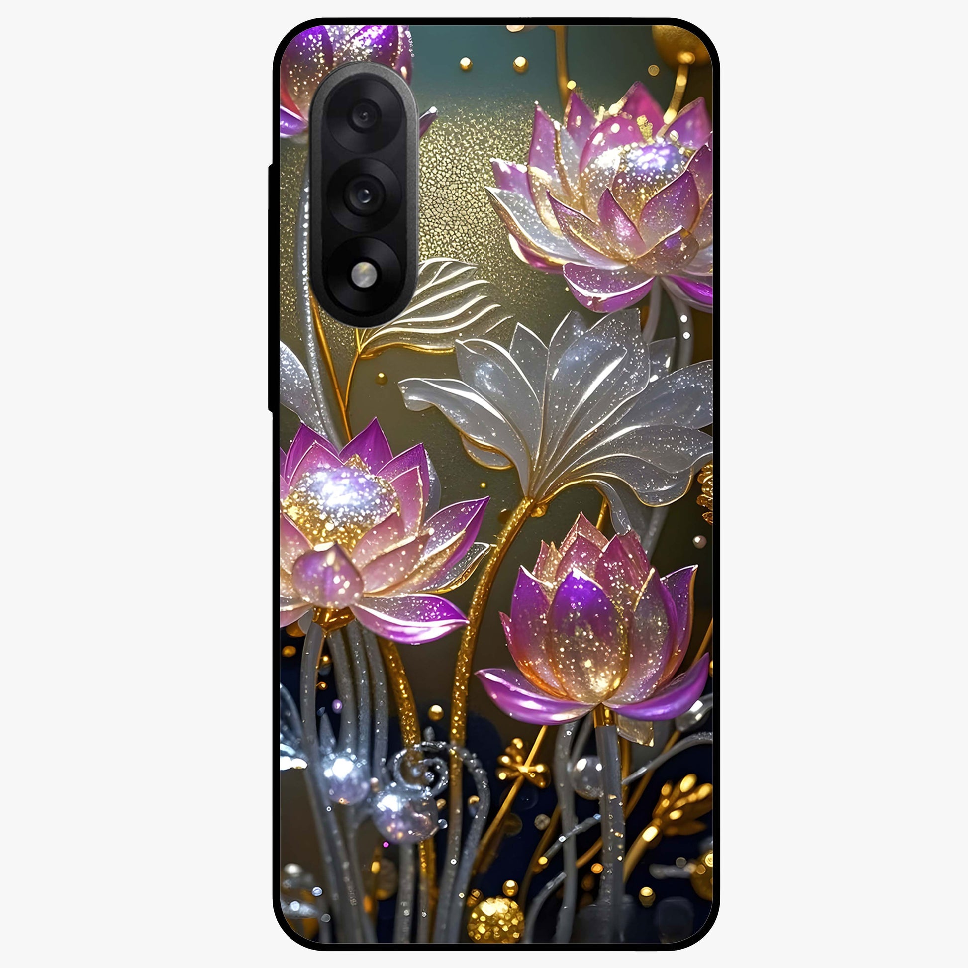 Golden Lotus Glow Glass Case for 1+Nord 5 serene front view featuring radiant lotus artwork in golden hues
