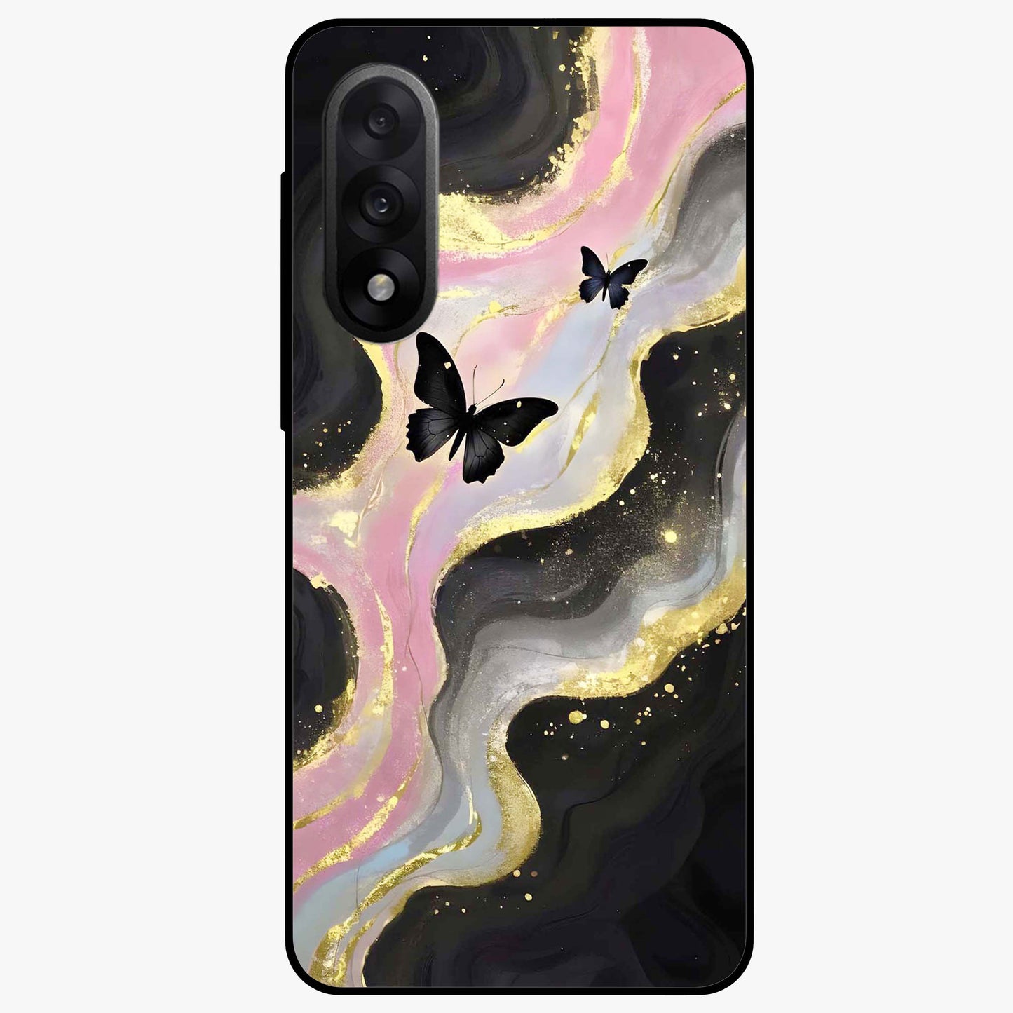 Golden Mist Butterflies Glass Case for 1+Nord 5 elegant front view featuring soft golden butterfly artwork with misty tones