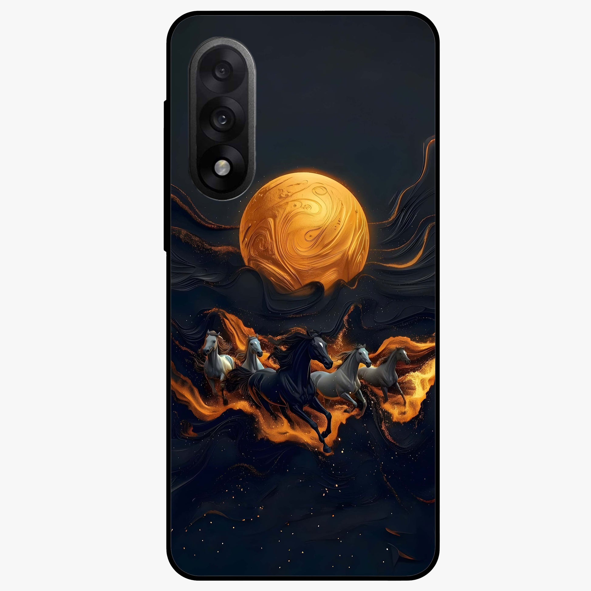 Golden Stallion Moonride Glass Case for 1+Nord 5 majestic front view featuring horse artwork under golden moonlight