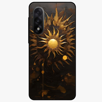 Golden Sun Majesty Glass Case for 1+Nord 5 radiant front view featuring majestic sun artwork in golden hues