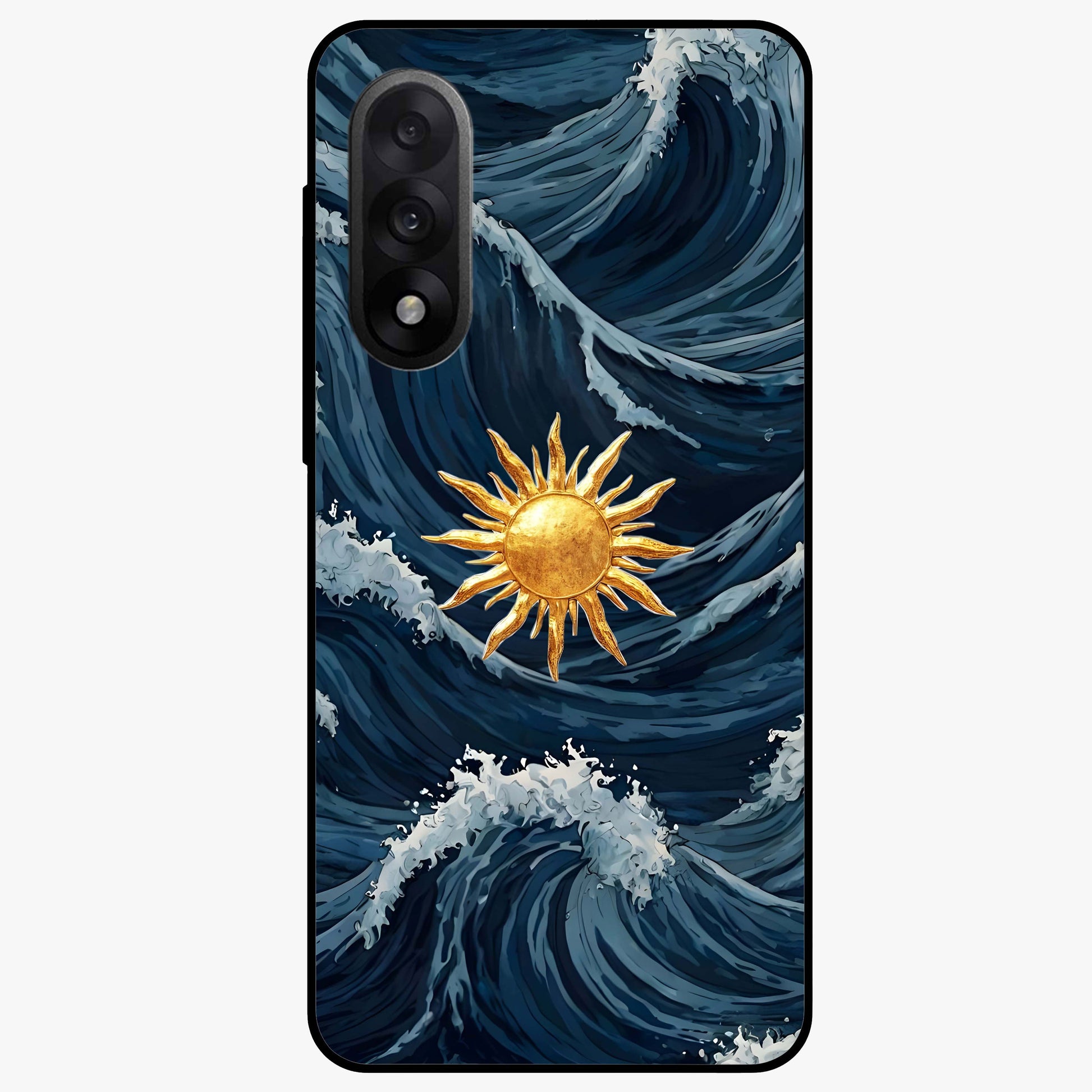 Golden Wave Rise Glass Case for 1+Nord 5 dynamic front view featuring flowing wave artwork in golden tones