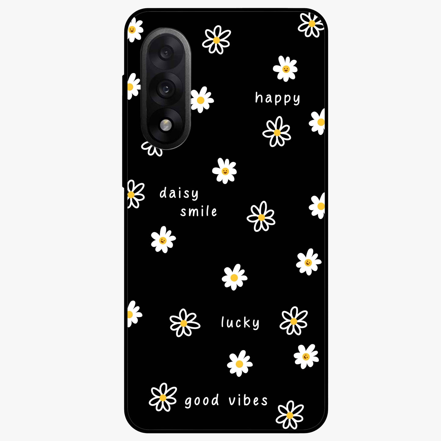 Good Vibes Daisy Black Pattern Glass Case for 1+Nord 5 stylish front view featuring white daisy artwork on black background