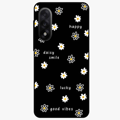 Good Vibes Daisy Black Pattern Glass Case for 1+Nord 5 stylish front view featuring white daisy artwork on black background