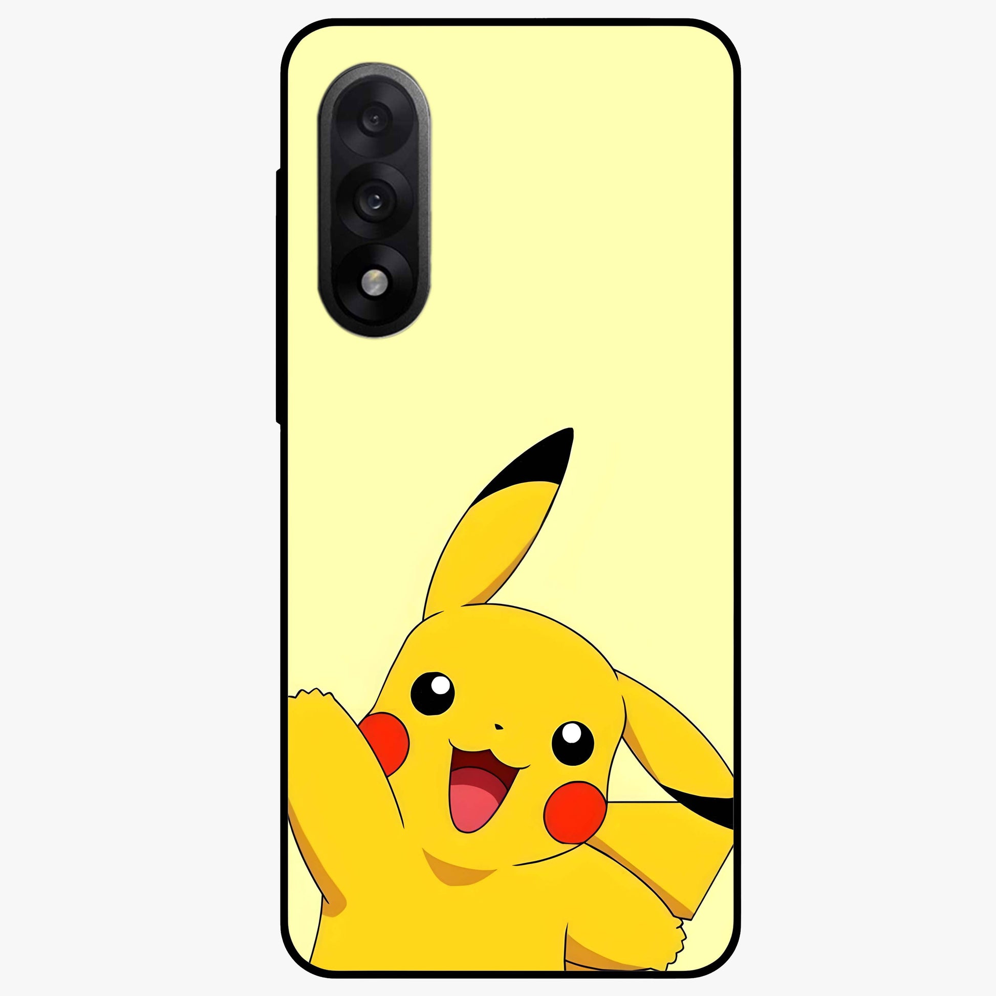 Happy Electric Pikachu Glass Case for 1+Nord 5 energetic front view featuring electric themed cartoon artwork