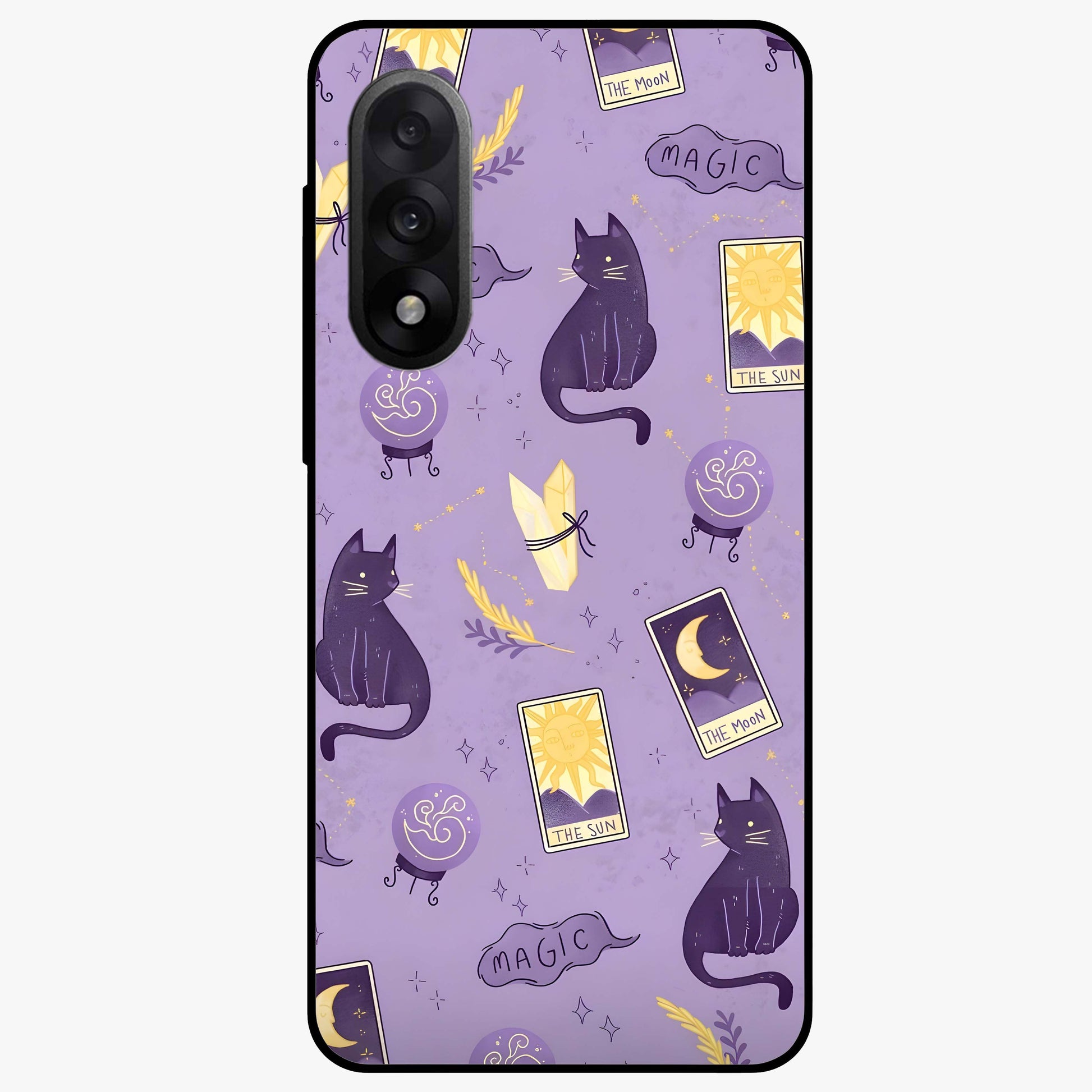 Humble Magic Cats Glass Case for 1+Nord 5 showing full back design in clean flat view with whimsical cat artwork and glossy glass finish.
