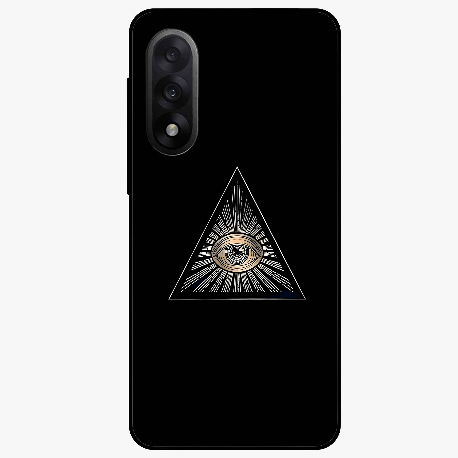 Illuminati Evil Glass Case for 1+Nord 5 showing full back design in clean flat view with bold symbolic artwork and glossy glass finish.