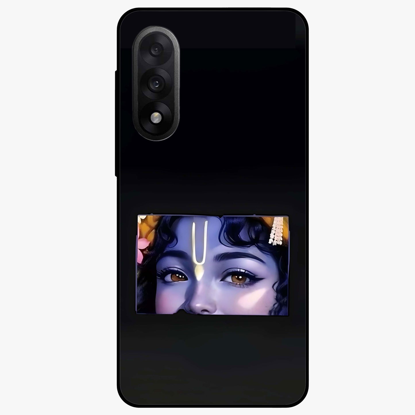 Krishna Divine Embrace Glass Case for 1+Nord 5 serene front view featuring devotional Krishna inspired artwork