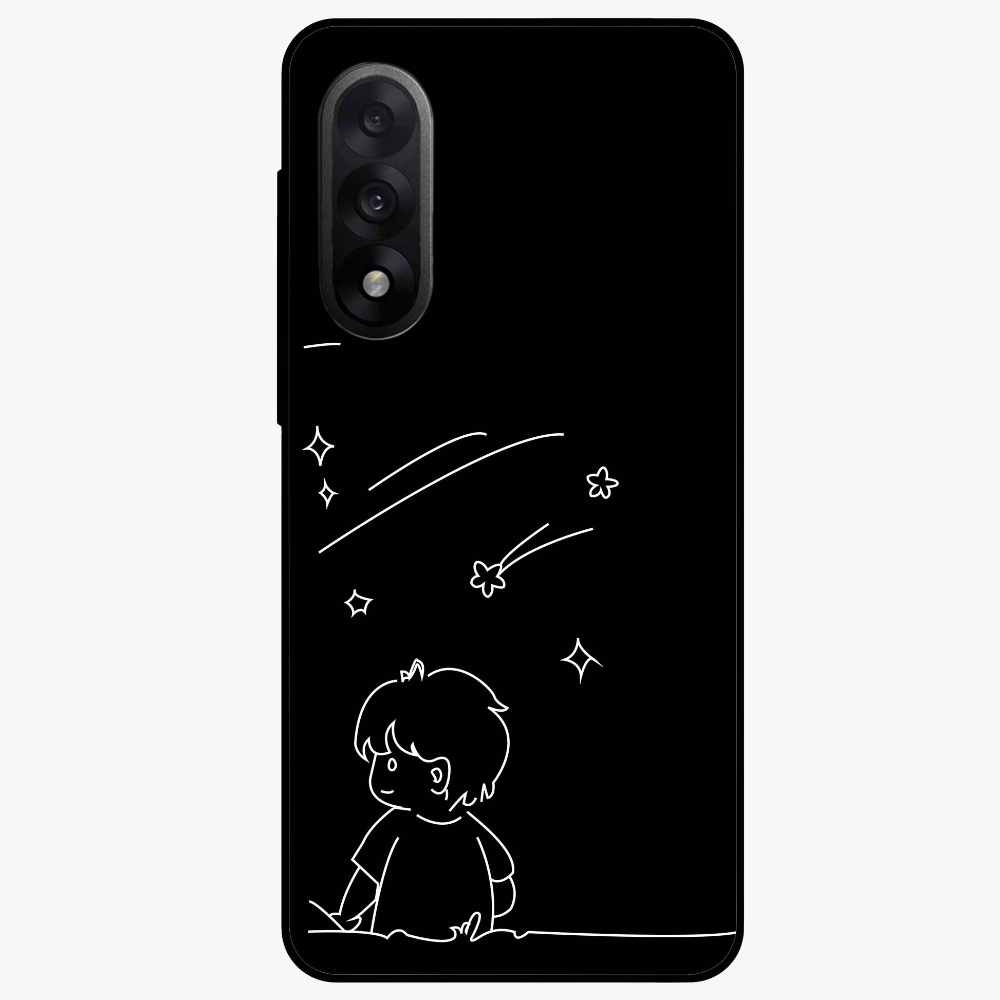 Line Art Boy With Shooting Stars Glass Case for 1+Nord 5 artistic front view featuring minimal line art character with star accents