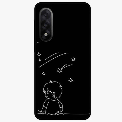 Line Art Boy With Shooting Stars Glass Case for 1+Nord 5 artistic front view featuring minimal line art character with star accents