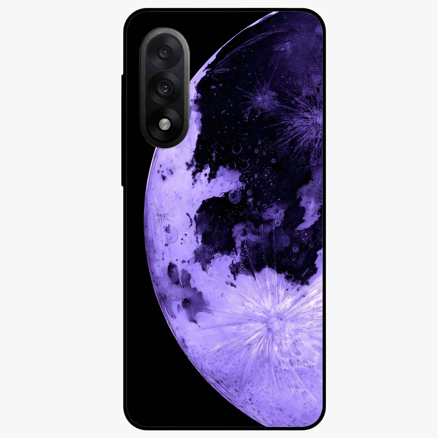 Lunar Glow in Violet Glass Case for 1+Nord 5 dreamy front view featuring glowing moon artwork in violet tones
