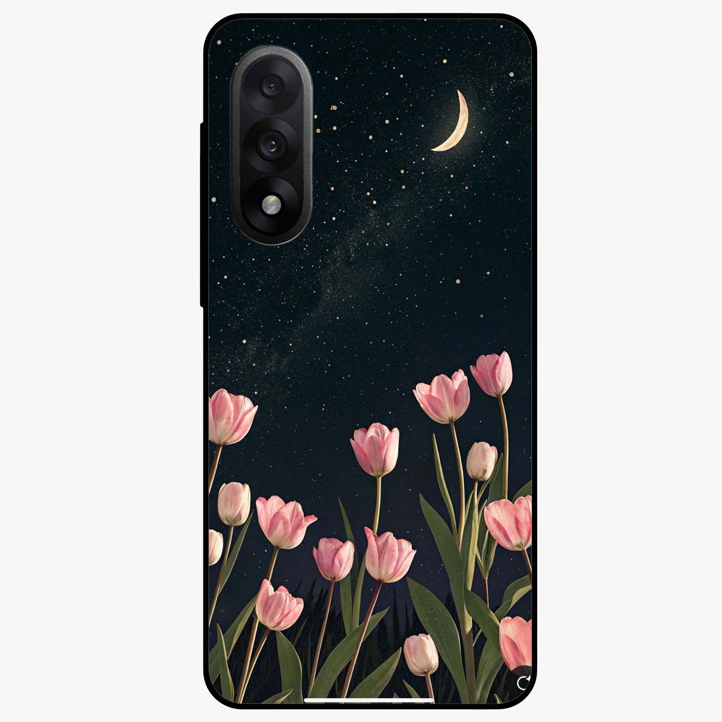 Midnight Tulip Whispers Vibe Glass Case for 1+Nord 5 elegant front view featuring tulip floral artwork on dark background