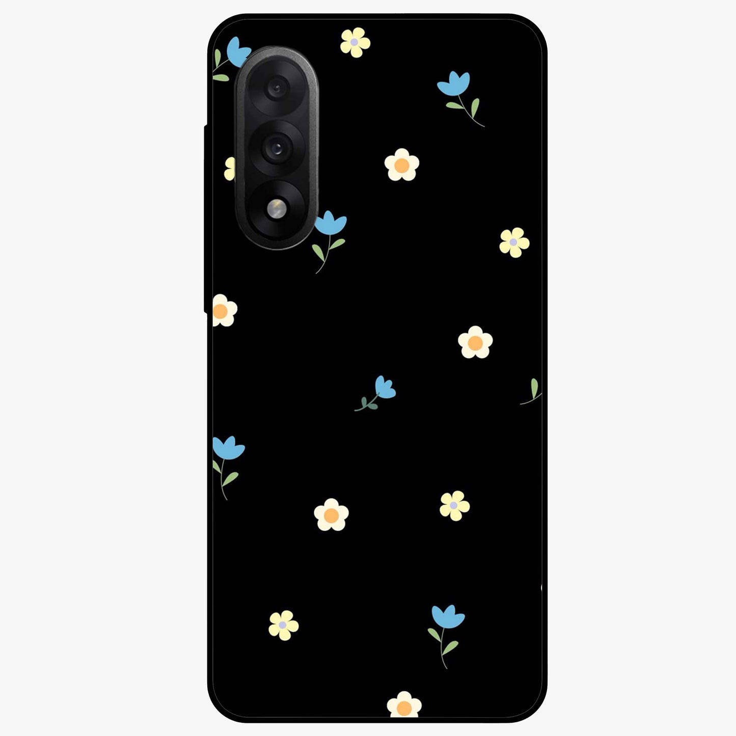 Minimalistic Blue With White Flower Pattern Glass Case for 1+Nord 5 fresh front view featuring white floral artwork on blue background