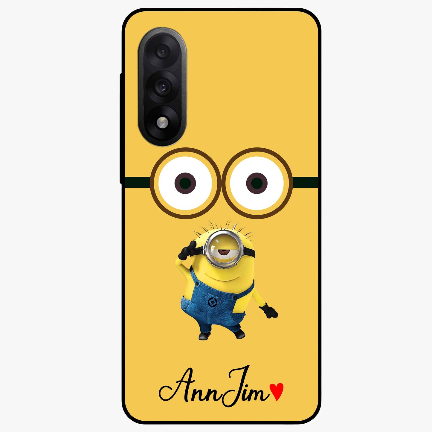 Minion Custom Name Glass Case for 1+Nord 5 playful front view featuring cartoon inspired artwork with personalized name design