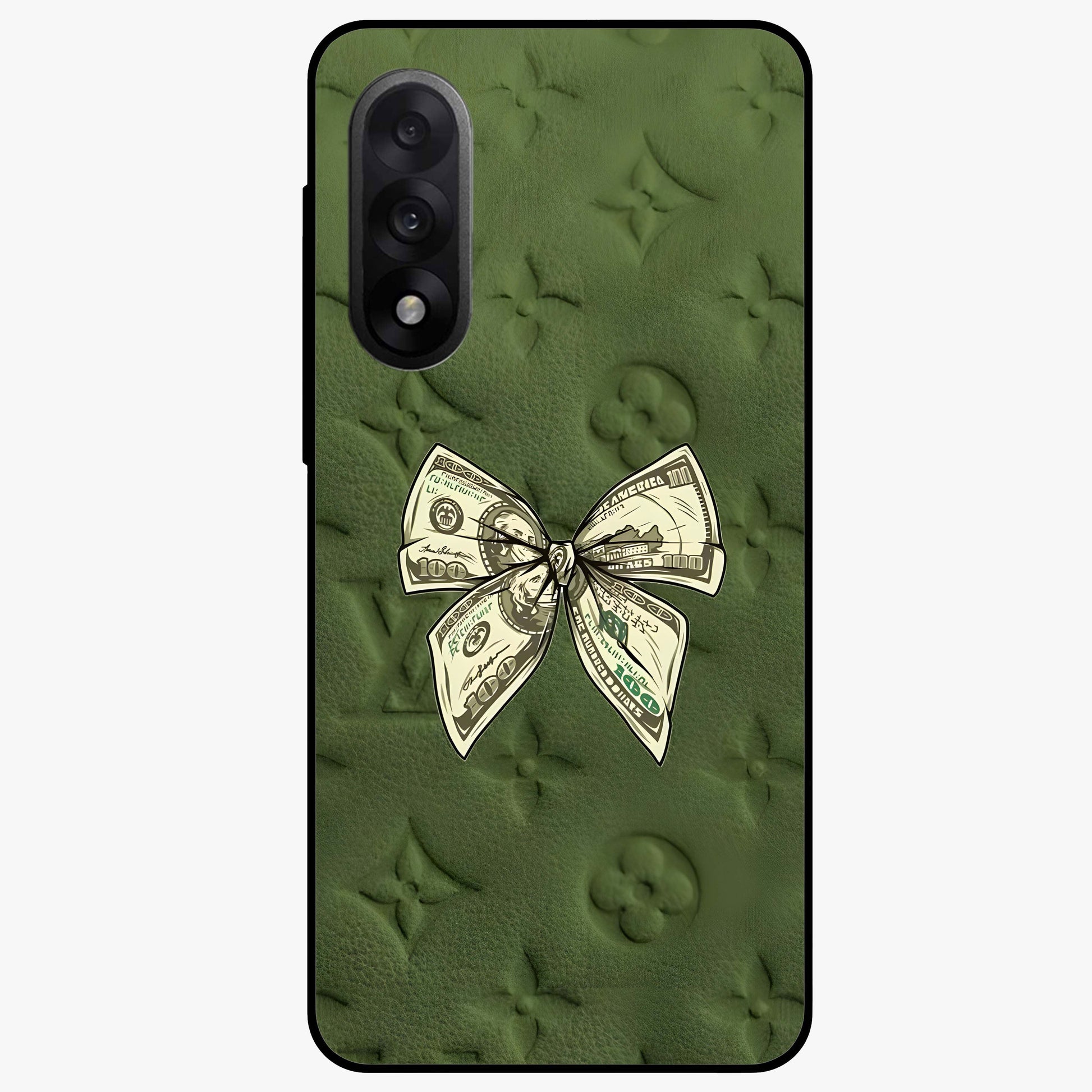 Money Bow Lv Glass Case for 1+Nord 5 luxury inspired front view featuring bold fashion themed artwork