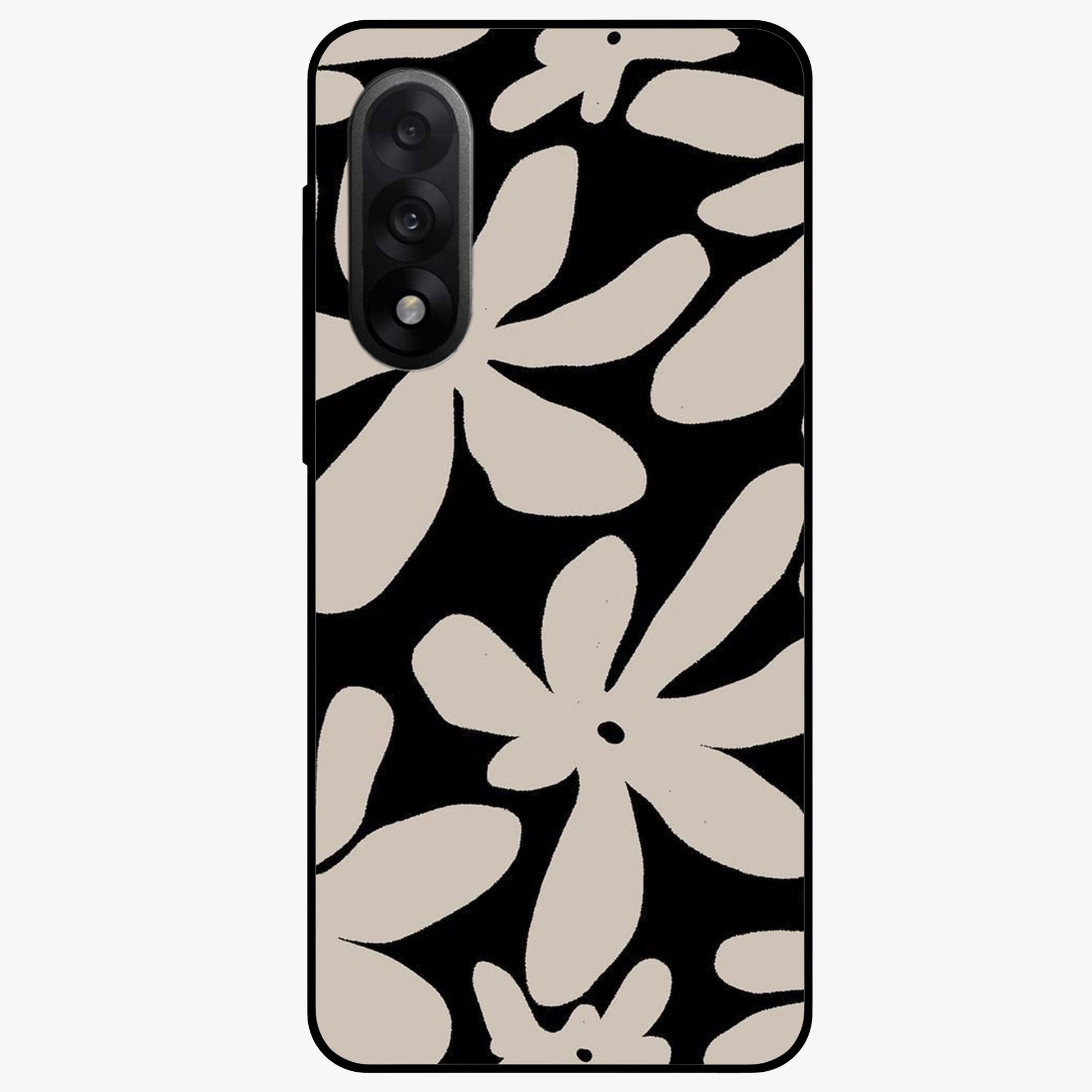 Monochrome Petal Dance Glass Case for 1+Nord 5 artistic front view featuring black and white floral artwork