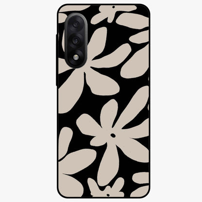 Monochrome Petal Dance Glass Case for 1+Nord 5 artistic front view featuring black and white floral artwork