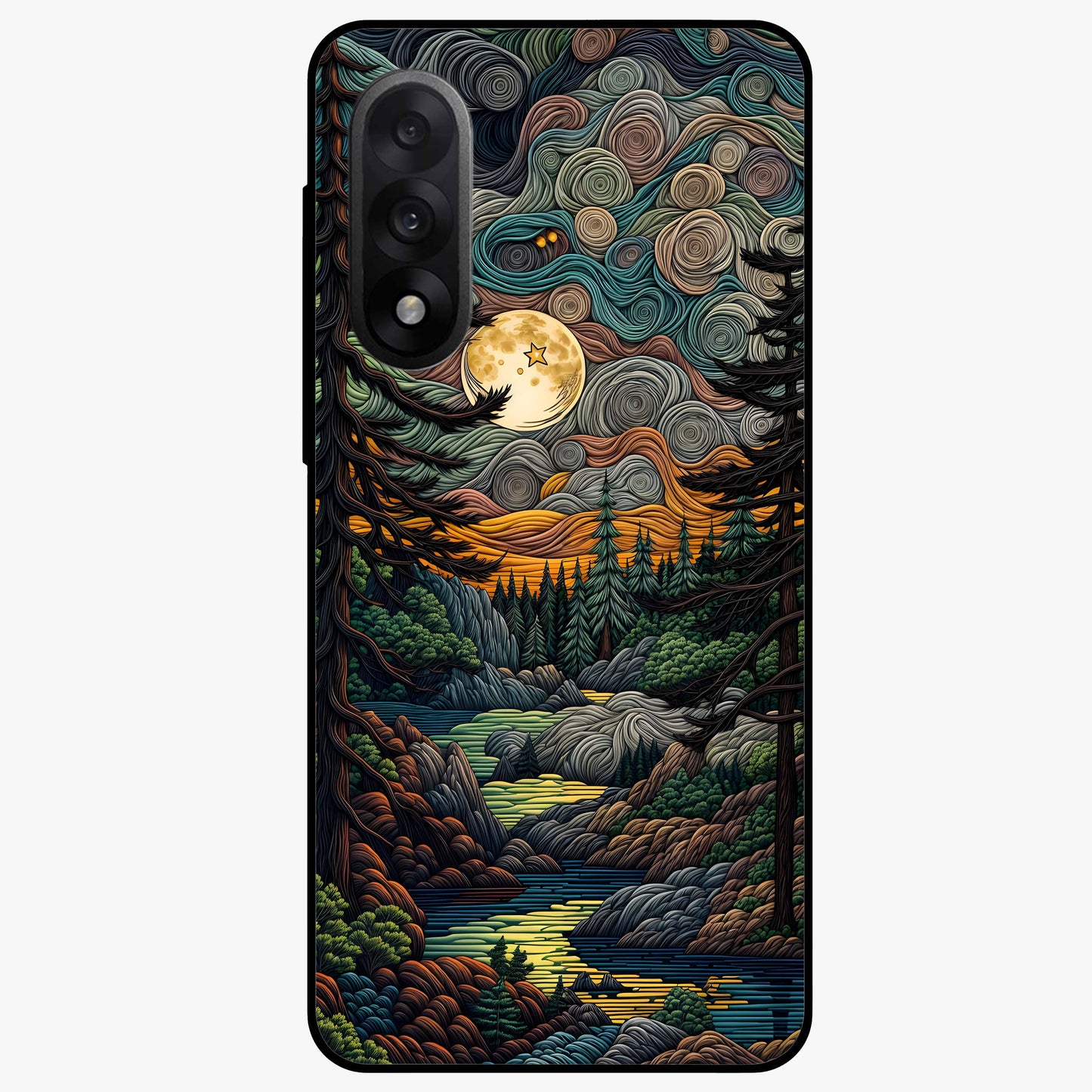Moonlight Forest Dream Glass Case for 1+Nord 5 dreamy front view featuring forest artwork under glowing moonlight