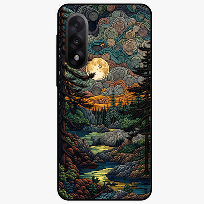Moonlight Forest Dream Glass Case for 1+Nord 5 dreamy front view featuring forest artwork under glowing moonlight