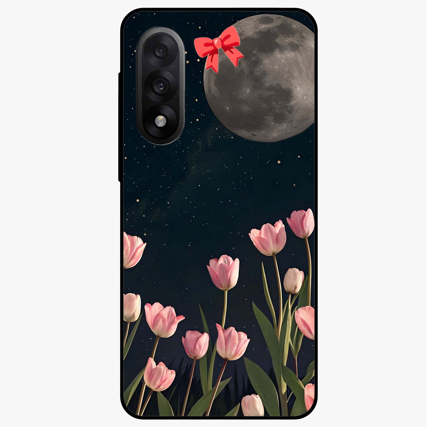 Moonlit Night Tulip Glass Case for 1+Nord 5 serene front view featuring tulip floral artwork in midnight tones