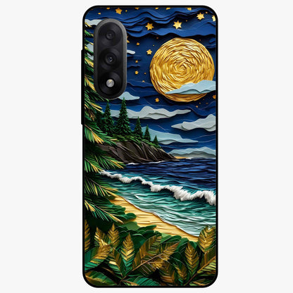 Moonlit Ocean Pines Glass Case for 1+Nord 5 scenic front view featuring pine trees by ocean under moonlit sky