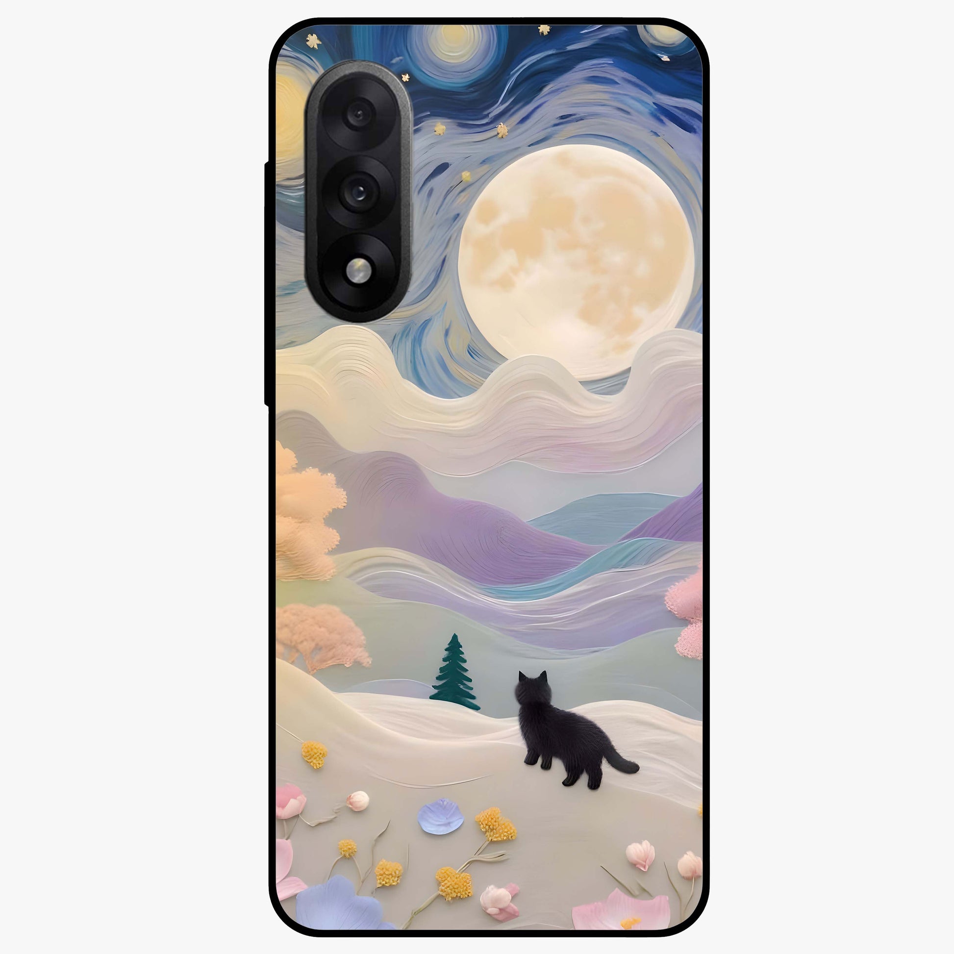 Moonlit Petal Path Glass Case for 1+Nord 5 artistic front view featuring floral pathway artwork under soft moonlight