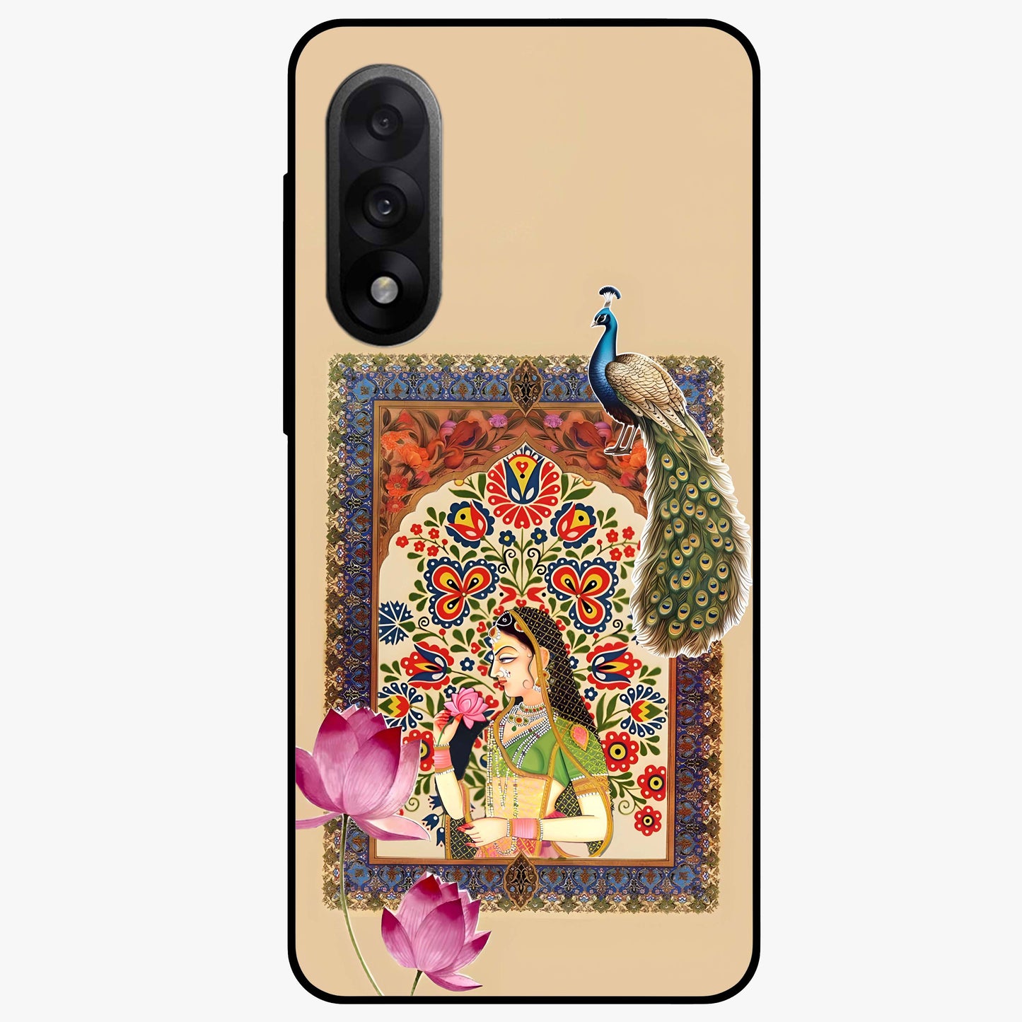 Mughal Princess and Peacock Glass Case for 1+Nord 5 royal front view featuring intricate princess and peacock artwork