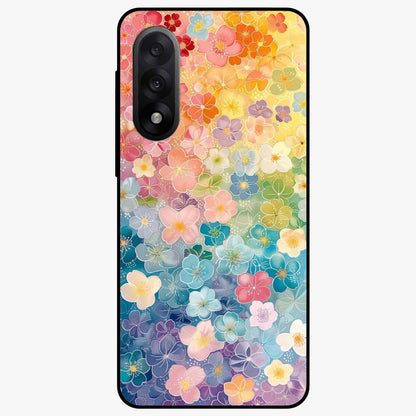 Multiple Background With Flower Glass Case for 1+Nord 5 vibrant front view featuring layered floral artwork on mixed backgrounds