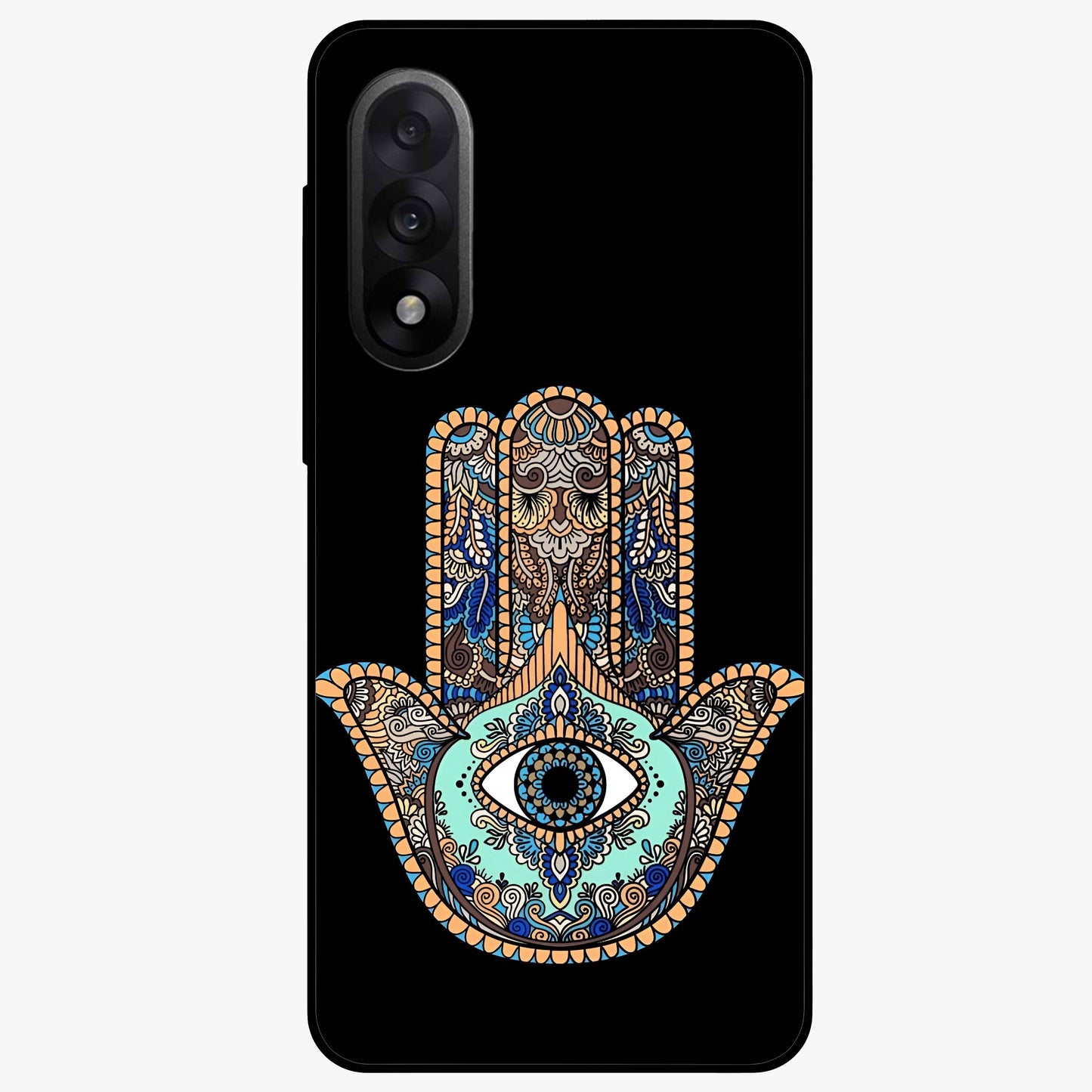 Mystic Hamsa Eye Glass Case for 1+Nord 5 symbolic front view featuring traditional hamsa eye artwork