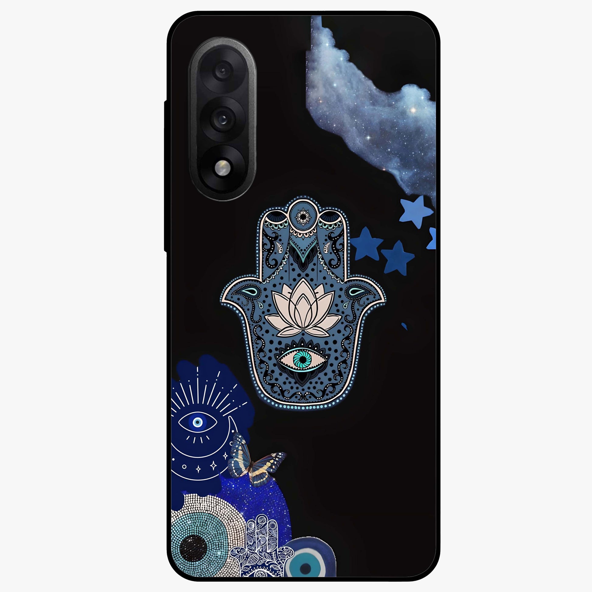 Mystic Hand Aura Glass Case for 1+Nord 5 artistic front view featuring hand symbol artwork with glowing aura tones