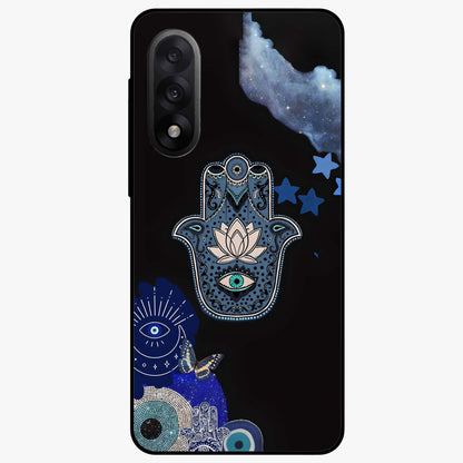 Mystic Hand Aura Glass Case for 1+Nord 5 artistic front view featuring hand symbol artwork with glowing aura tones