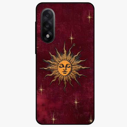 Mystic Solar Glow Glass Case for 1+Nord 5 radiant front view featuring glowing sun inspired mystical artwork