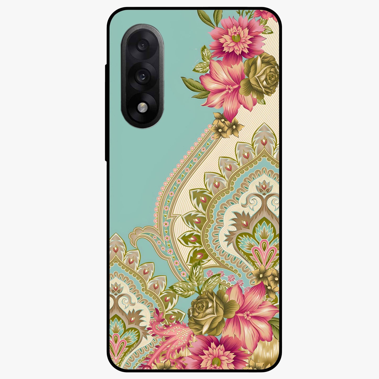 Ornate Mughal Floral Pattern Glass Case for 1+Nord 5 royal front view featuring intricate Mughal inspired floral artwork