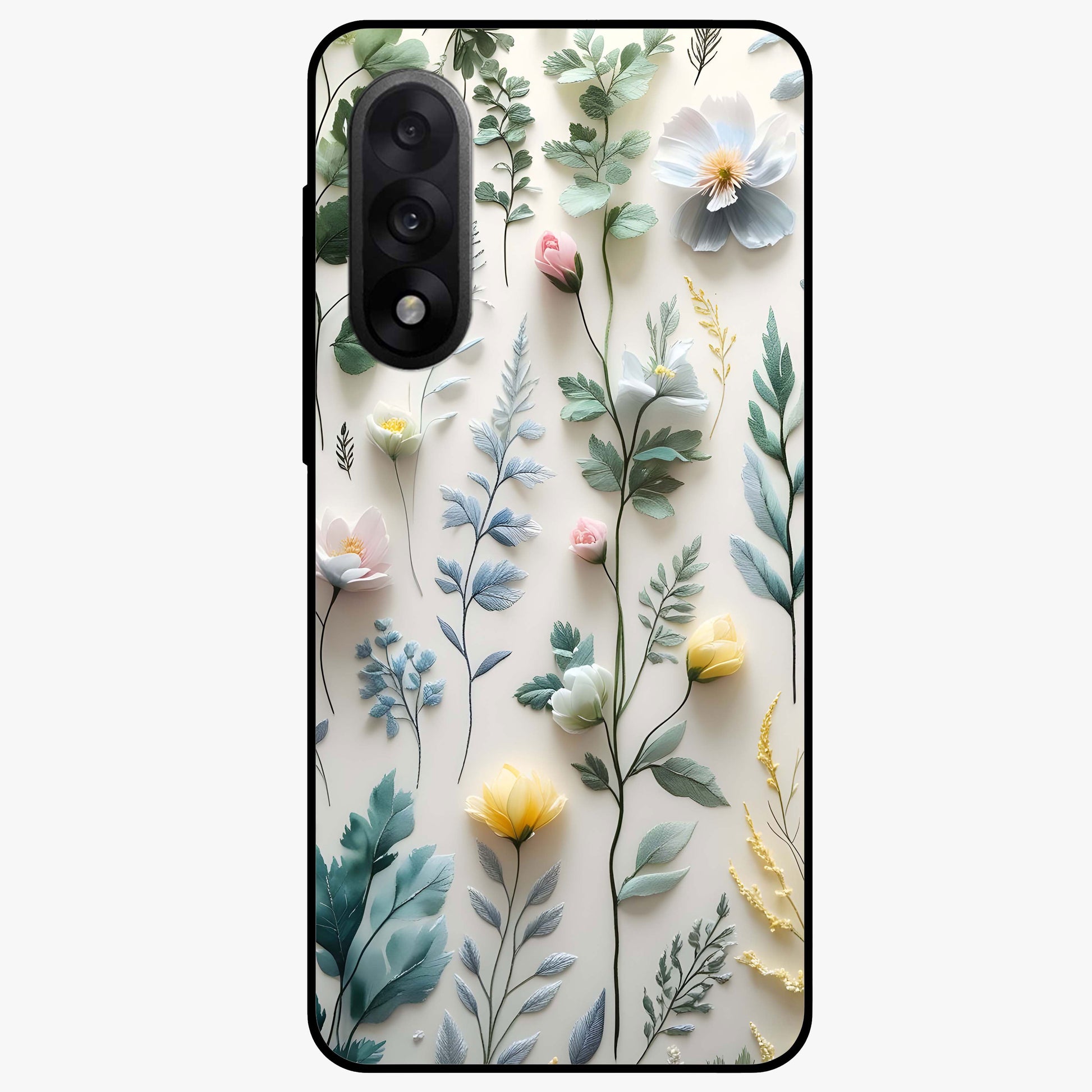 Pastel Garden Whispers Glass Case for 1+Nord 5 soft front view featuring delicate pastel floral artwork