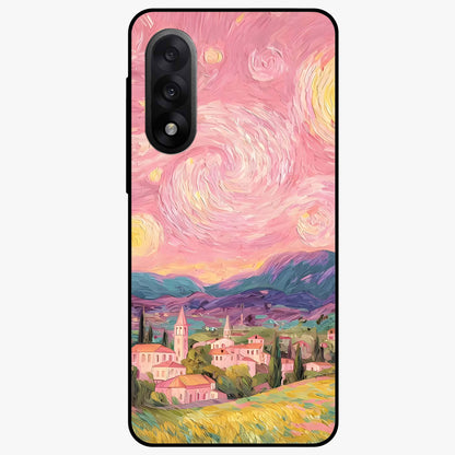 Pastel Starry Village Glass Case for 1+Nord 5 dreamy front view featuring village artwork under pastel night sky