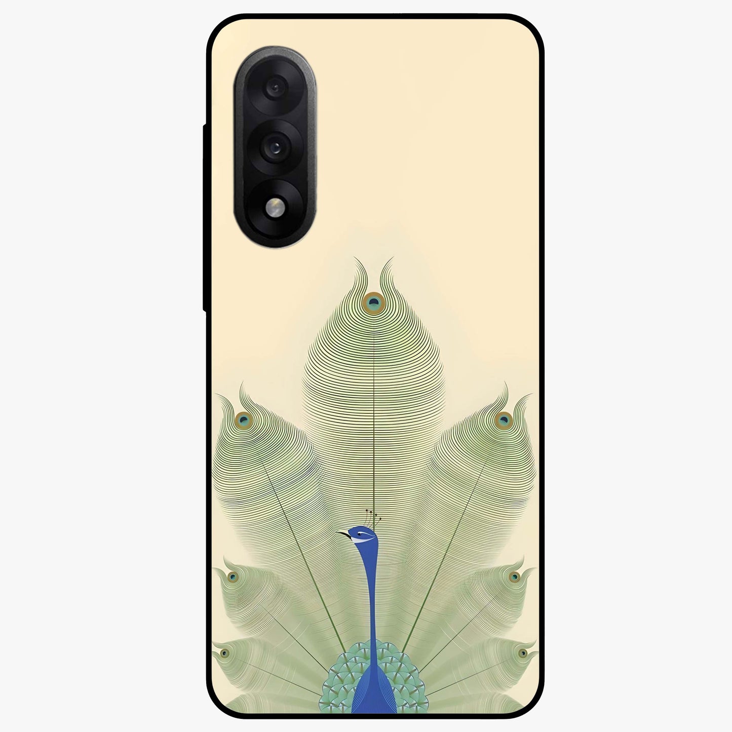 Peacock Feather Grace Glass Case for 1+Nord 5 elegant front view featuring detailed peacock feather artwork