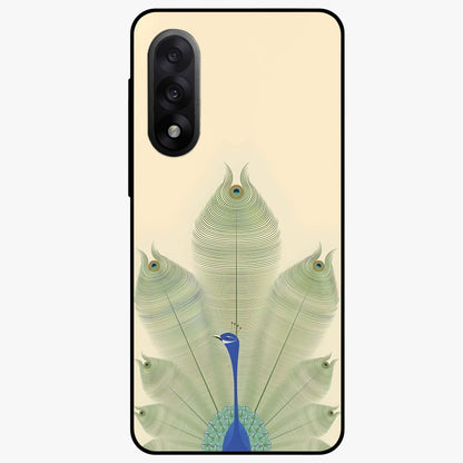 Peacock Feather Grace Glass Case for 1+Nord 5 elegant front view featuring detailed peacock feather artwork