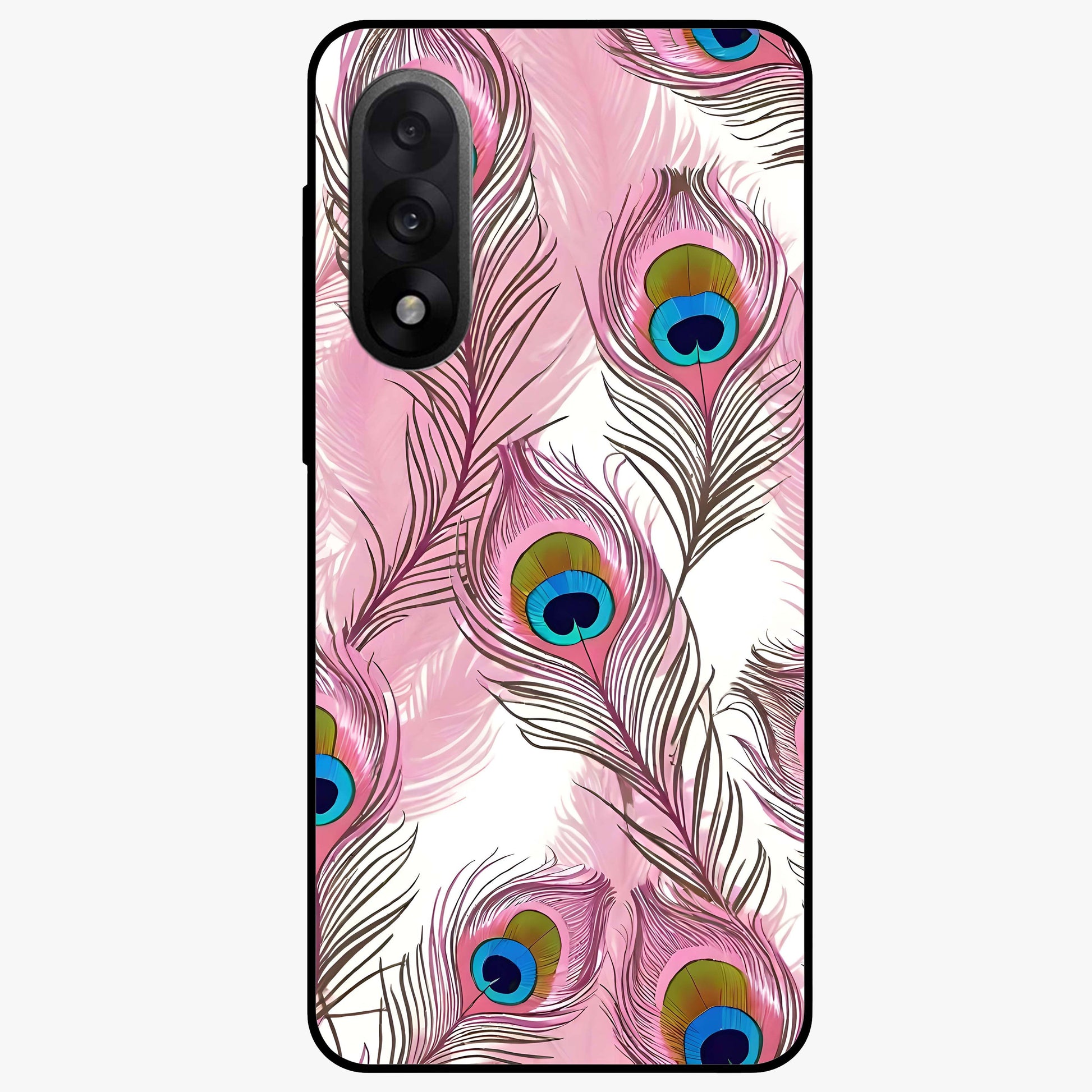 Peacock Feathers Floating Glass Case for 1+Nord 5 artistic front view featuring floating feather artwork with rich colors