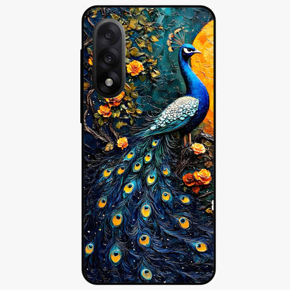 Peacock With Yellow Moon Glass Case for 1+Nord 5 striking front view featuring peacock artwork under glowing yellow moon
