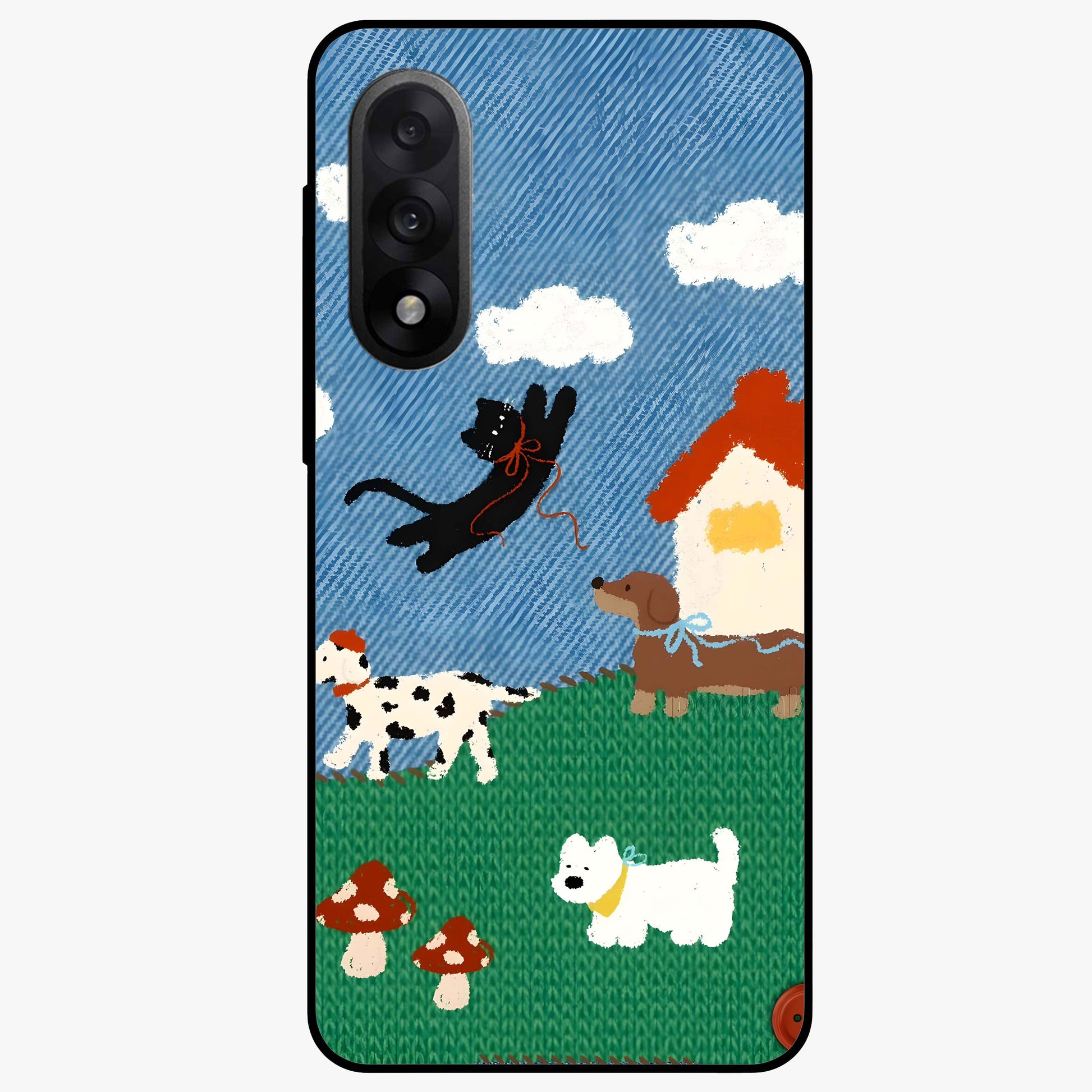 Pet Adventures Glass Case for 1+Nord 5 playful front view featuring cute pet themed artwork