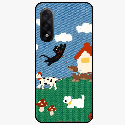 Pet Adventures Glass Case for 1+Nord 5 playful front view featuring cute pet themed artwork
