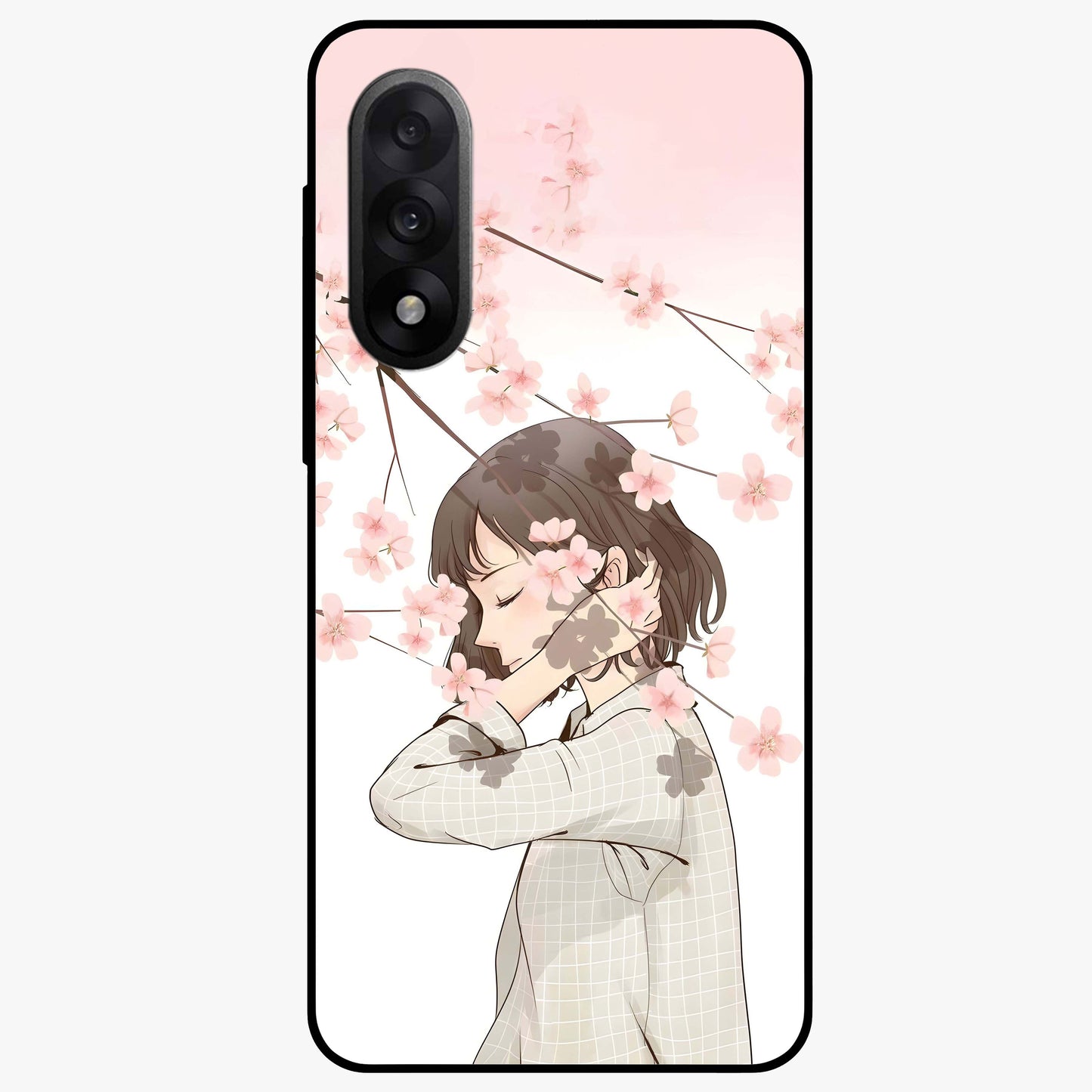 Pink Blossom Girl Glass Case for 1+Nord 5 charming front view featuring illustrated girl with pink blossom artwork