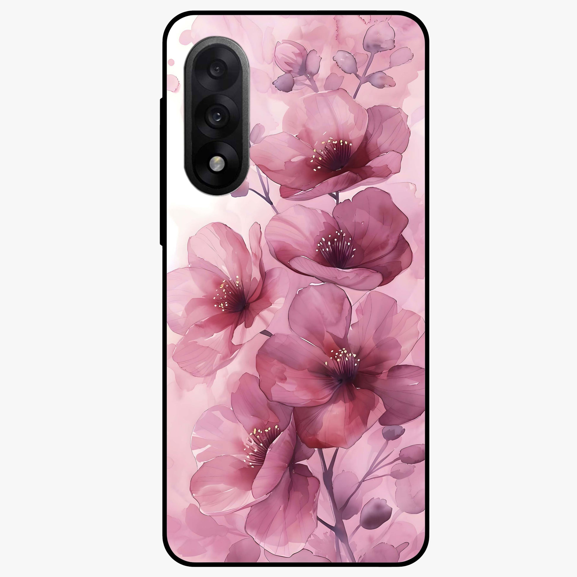 Pink Floral Glass Case for 1+Nord 5 elegant front view featuring soft pink flower artwork