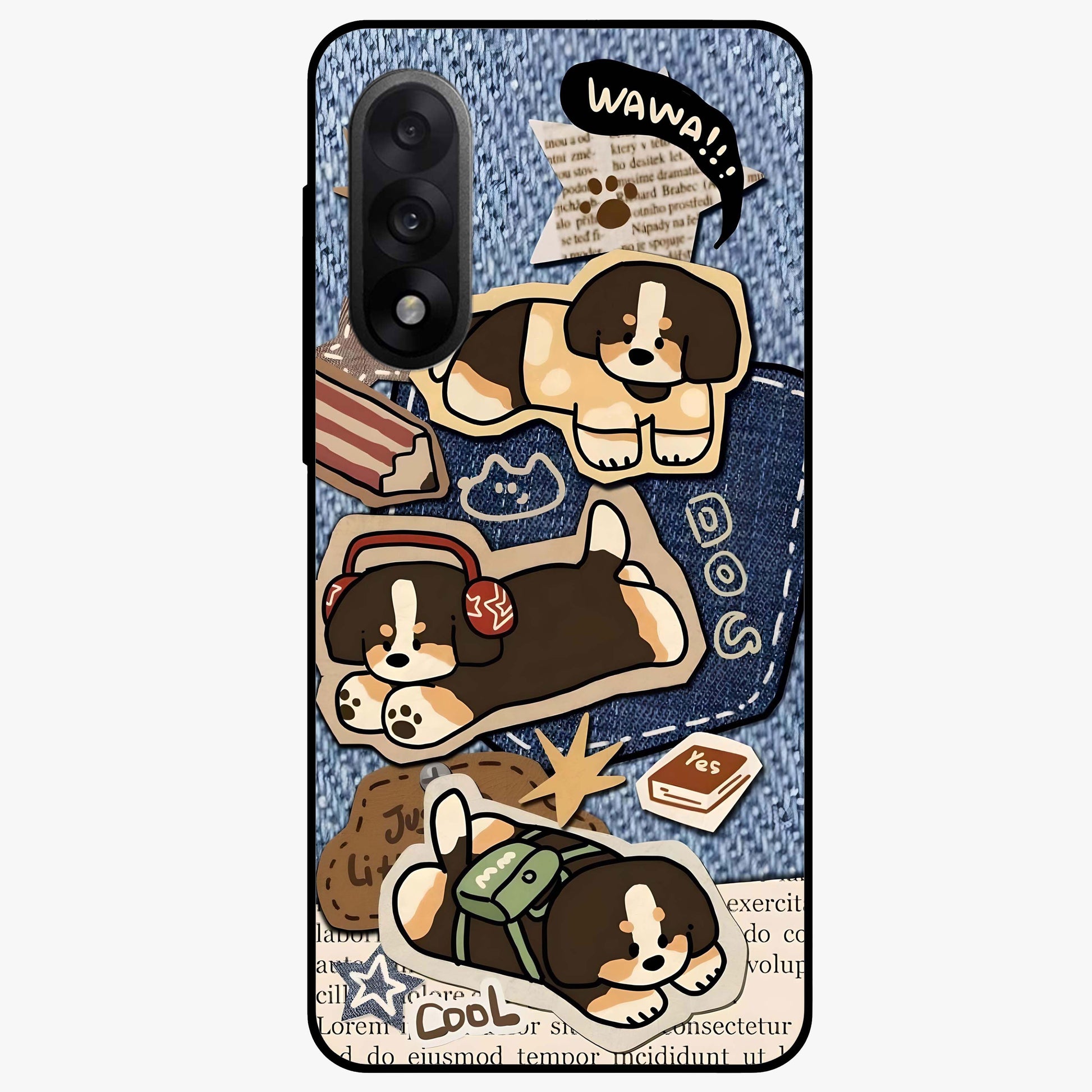 Puppy Sticker Parade Glass Case for 1+Nord 5 playful front view featuring multiple puppy sticker style artwork